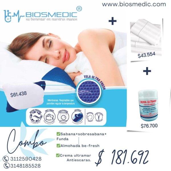 Combo Almohada- Crema Ultramar y Juego de Sabanas